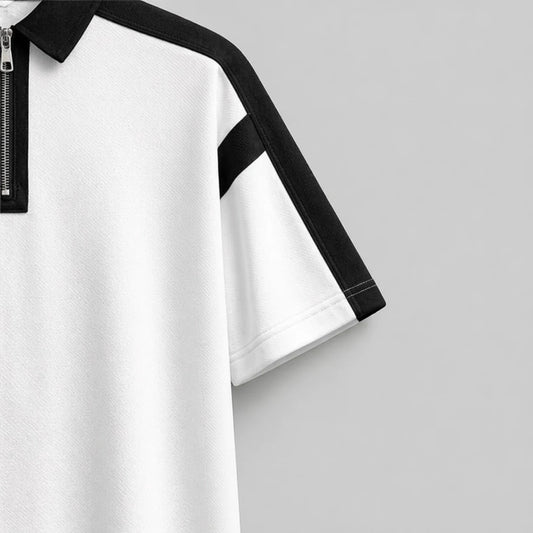 BAGGY FIT CONTRAST PANEL WHITE ZIP POLO