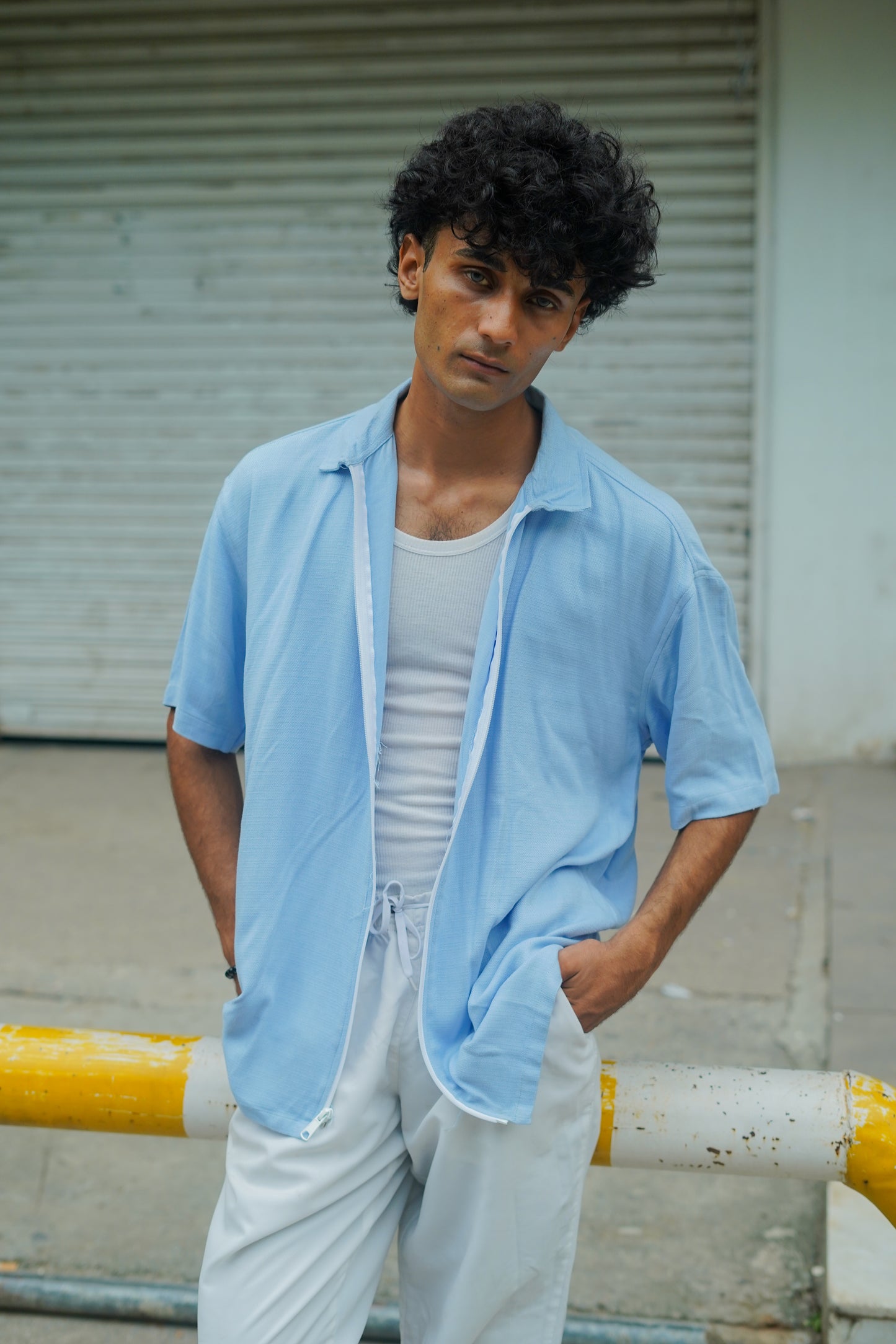 ICE BLUE BAGGY FIT ZIPPER SHIRT