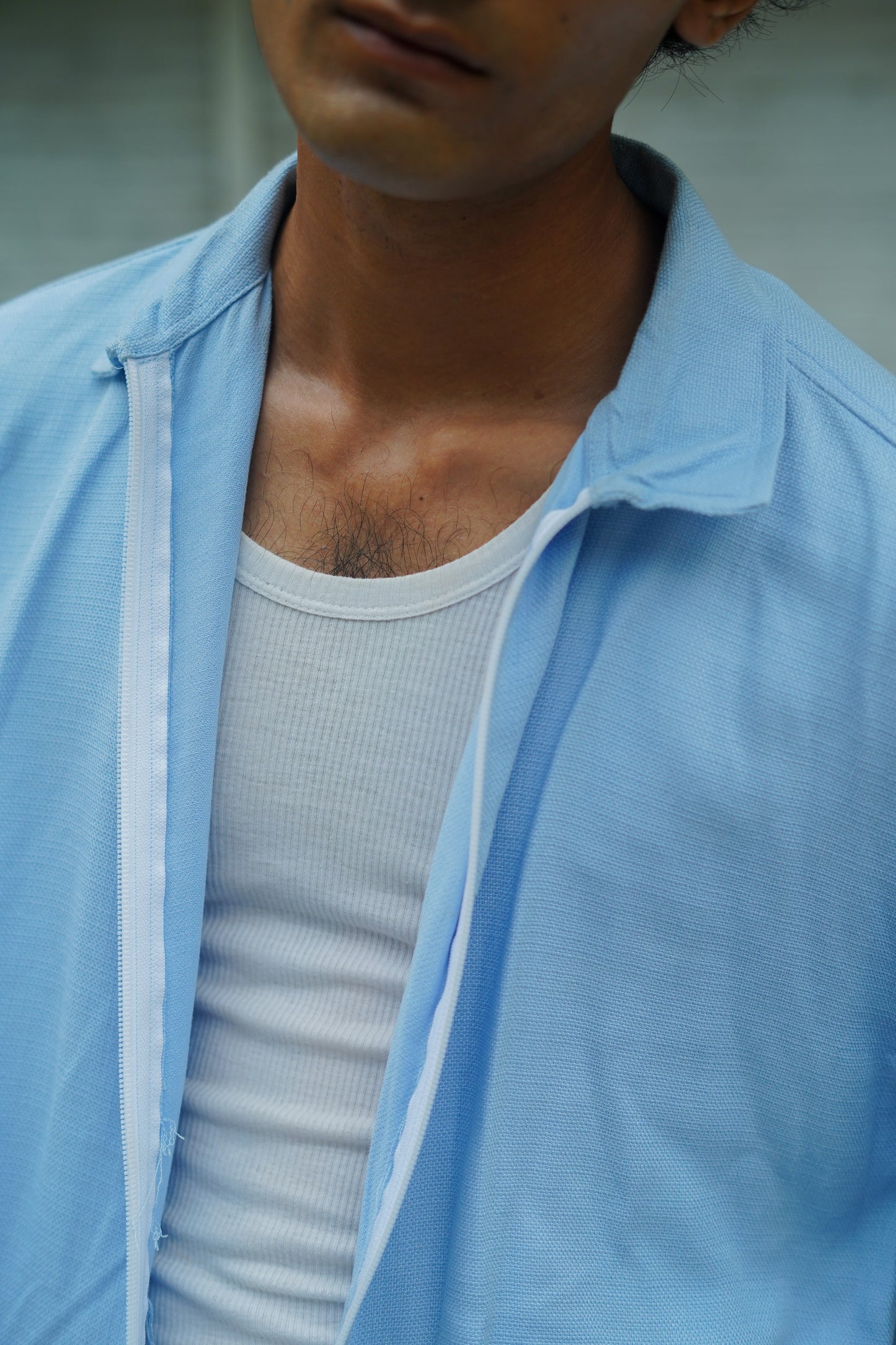 ICE BLUE BAGGY FIT ZIPPER SHIRT