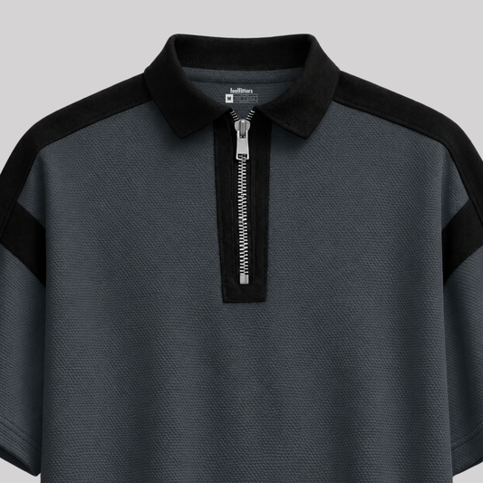 BAGGY FIT CONTRAST PANEL GRAPHITE STONE ZIP POLO
