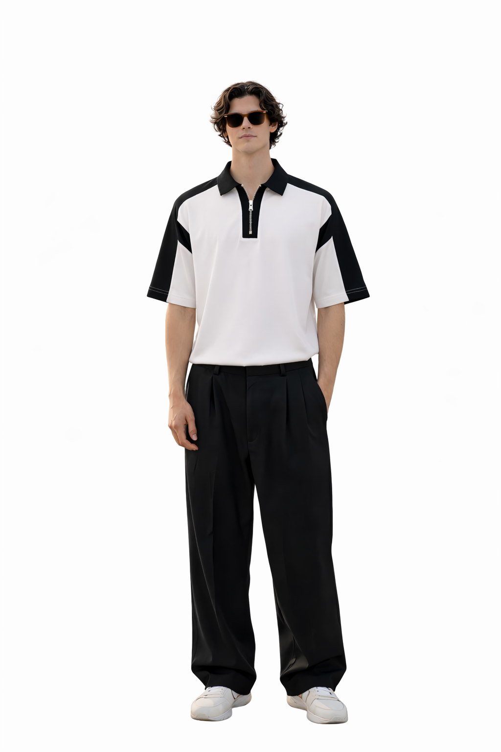 BAGGY FIT CONTRAST PANEL WHITE ZIP POLO