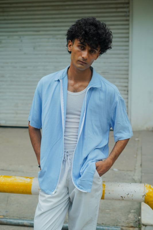 ICE BLUE BAGGY FIT ZIPPER SHIRT