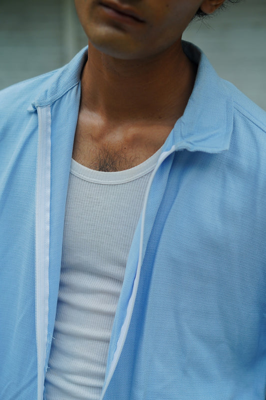ICE BLUE BAGGY FIT ZIPPER SHIRT