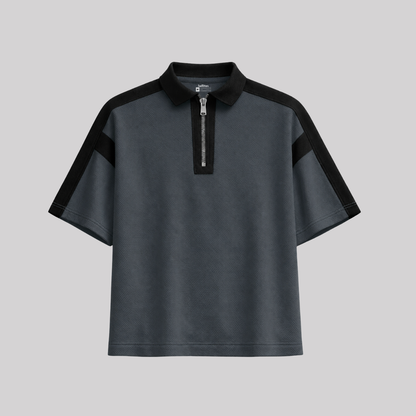 BAGGY FIT CONTRAST PANEL GRAPHITE STONE ZIP POLO