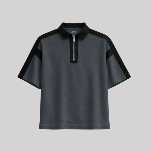 BAGGY FIT CONTRAST PANEL GRAPHITE STONE ZIP POLO