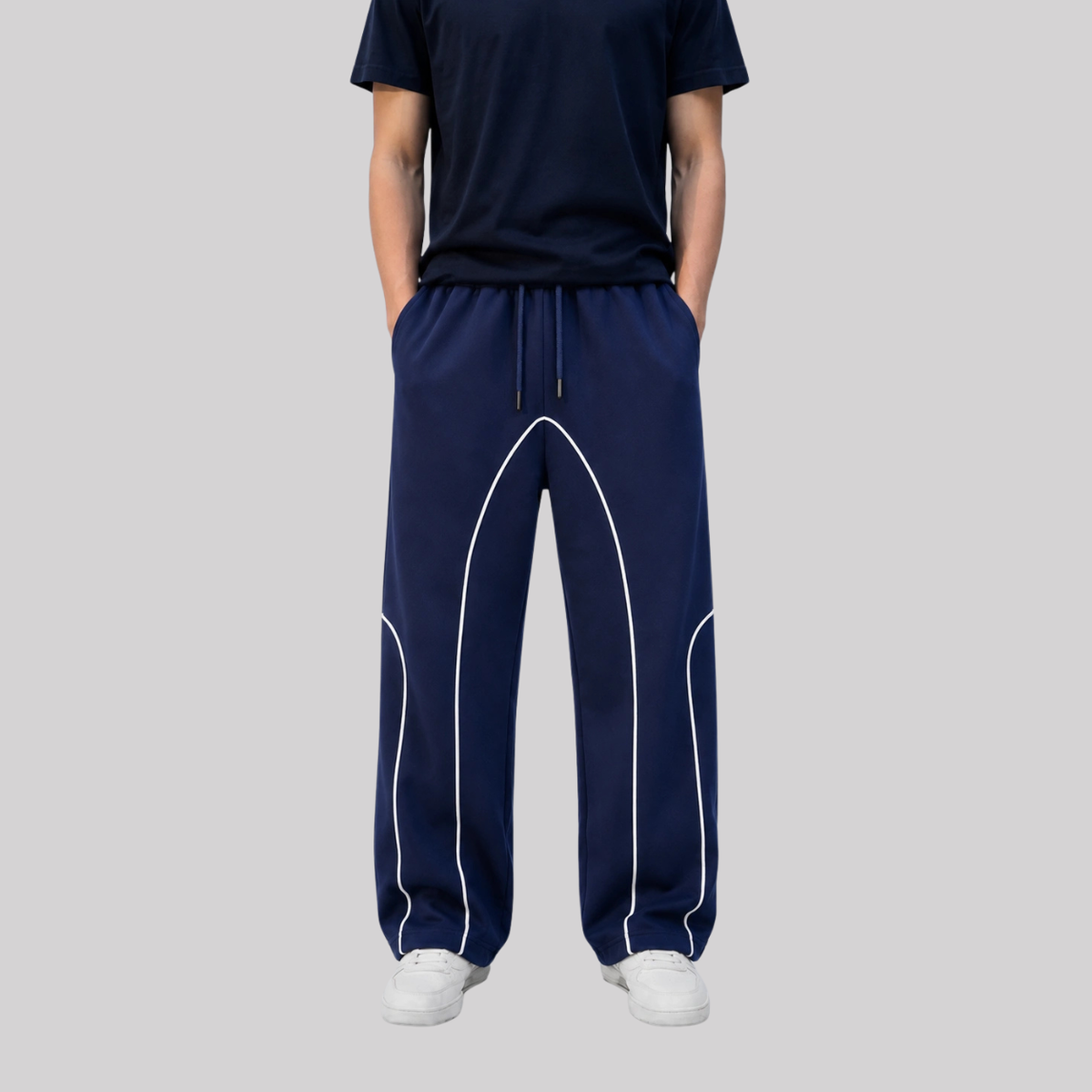 Open-Leg Navy Piped Track Pants