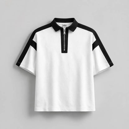 BAGGY FIT CONTRAST PANEL WHITE ZIP POLO