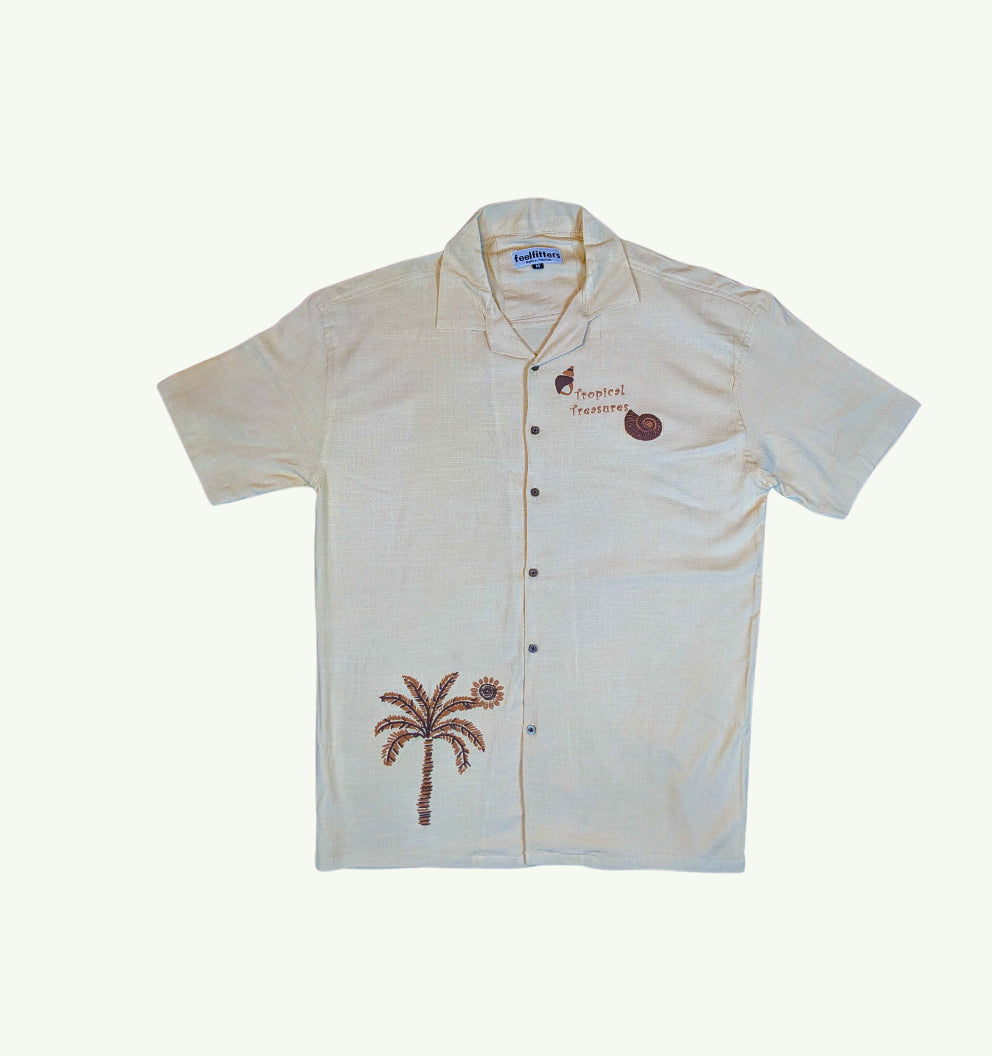 BEIGE RESORT COLLAR BAGGY FIT SHIRT.